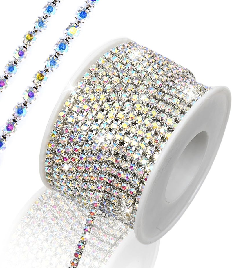 Dropower 10 Yards Rhinestone Chain, SS12/3mm Crystal Rhinestones Close Chain Trim, Bling Diamond Cup Chain for Jewelry Clothing Shoes Wedding Party Decoration(Silver AB) - Image 1